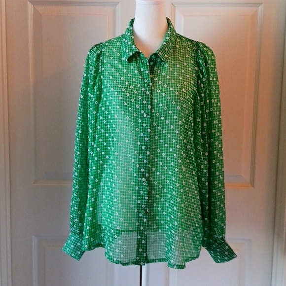next Tops - Adorably semi-sheer & chic green & white plaid womens blouse size 16